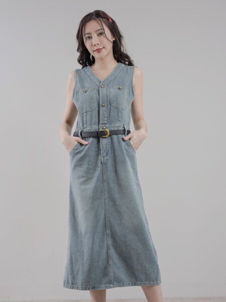 VF019-牛仔排扣連身洋裝